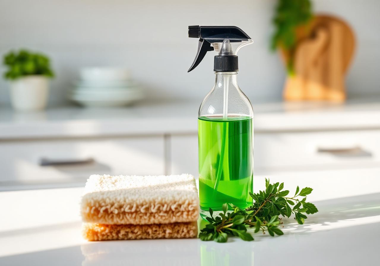 Eco-friendly green cleaning products on a clean kitchen counter